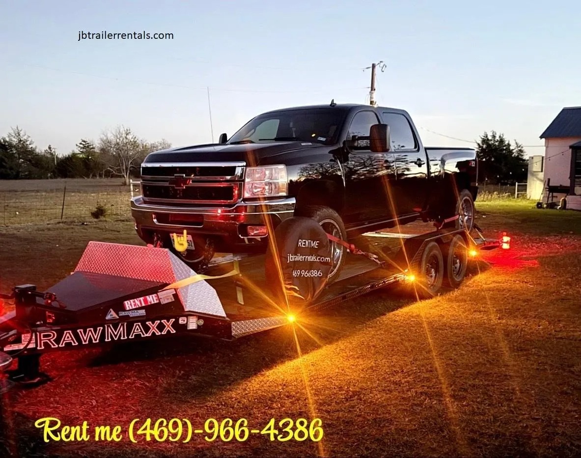 JB Trailer Rentals — car hauler trailer at dusk